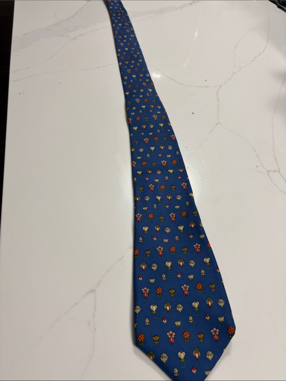 Salvatore Ferragamo Royal Blue Silk Tie with Small Multicolor Floral Icons